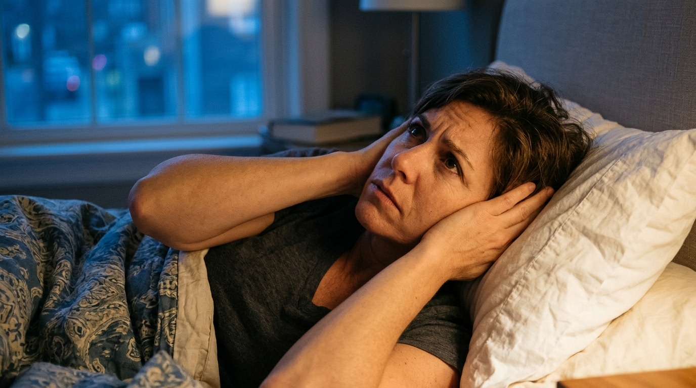 Voisin épuisé au lit, mains sur les oreilles, la nuit