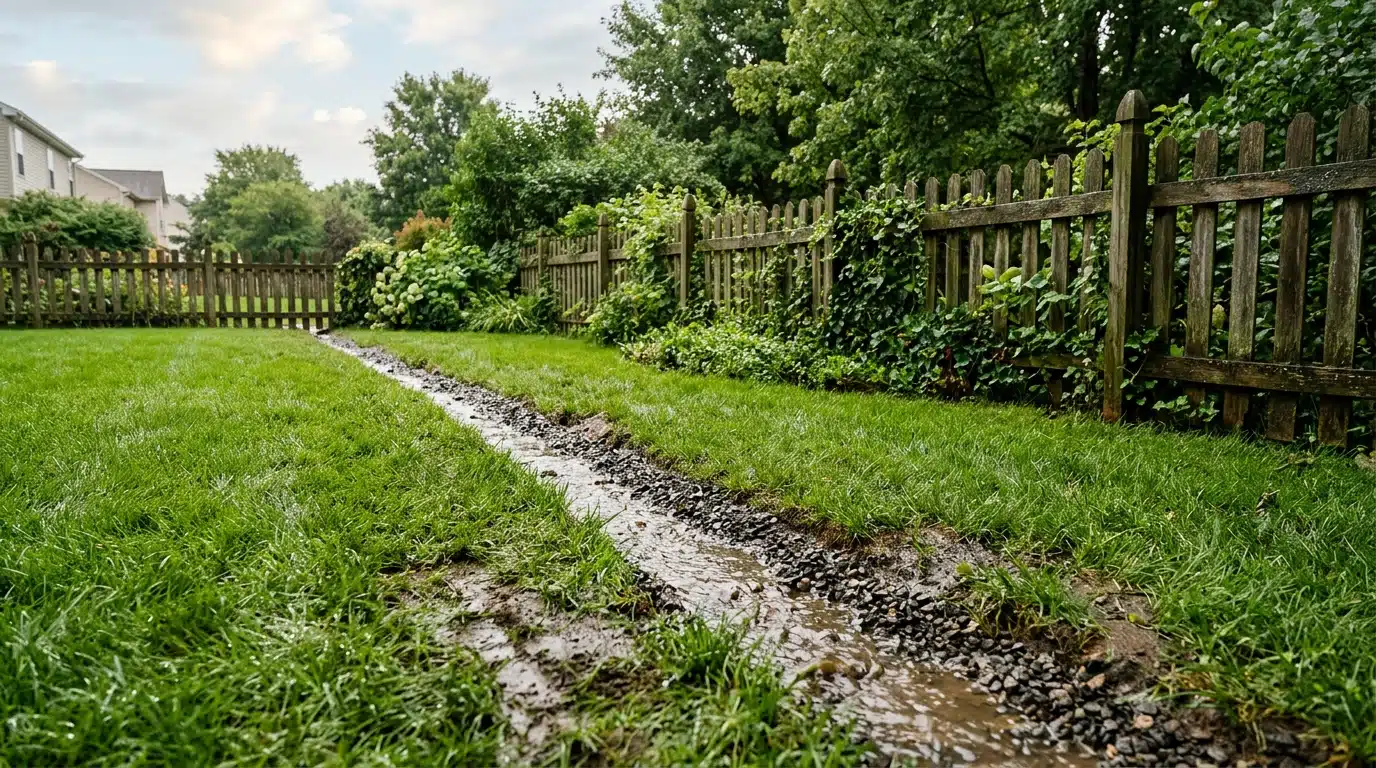 Tranchée de graviers traversant une pelouse détrempée après la pluie