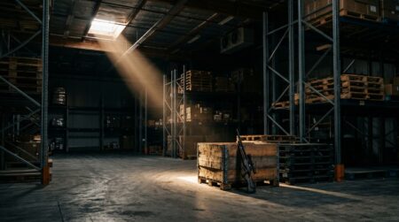 Hangar réfrigéré sombre avec une carabine posée contre une caisse