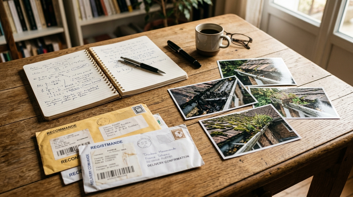 Carnet, photos et courriers posés sur une table en bois