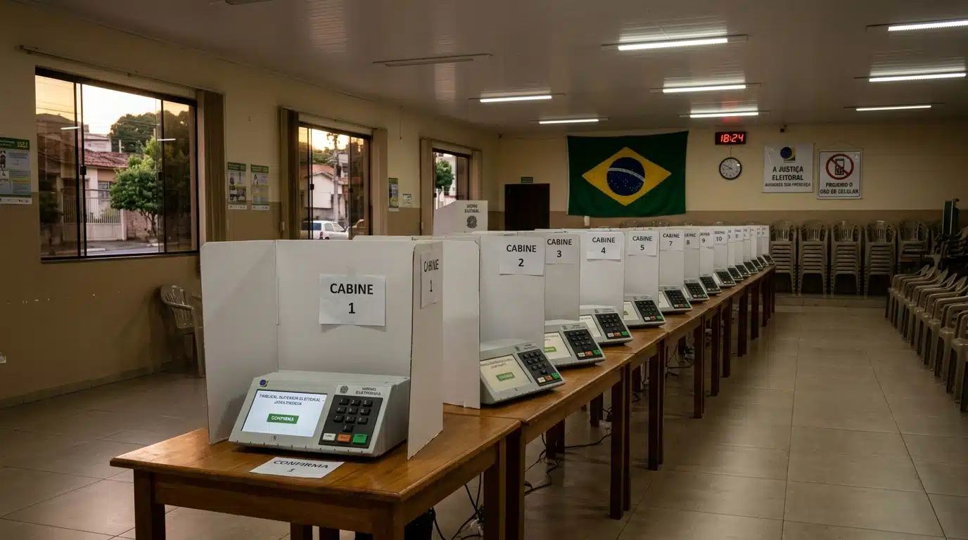 Urnes électroniques dans un bureau de vote au crépuscule