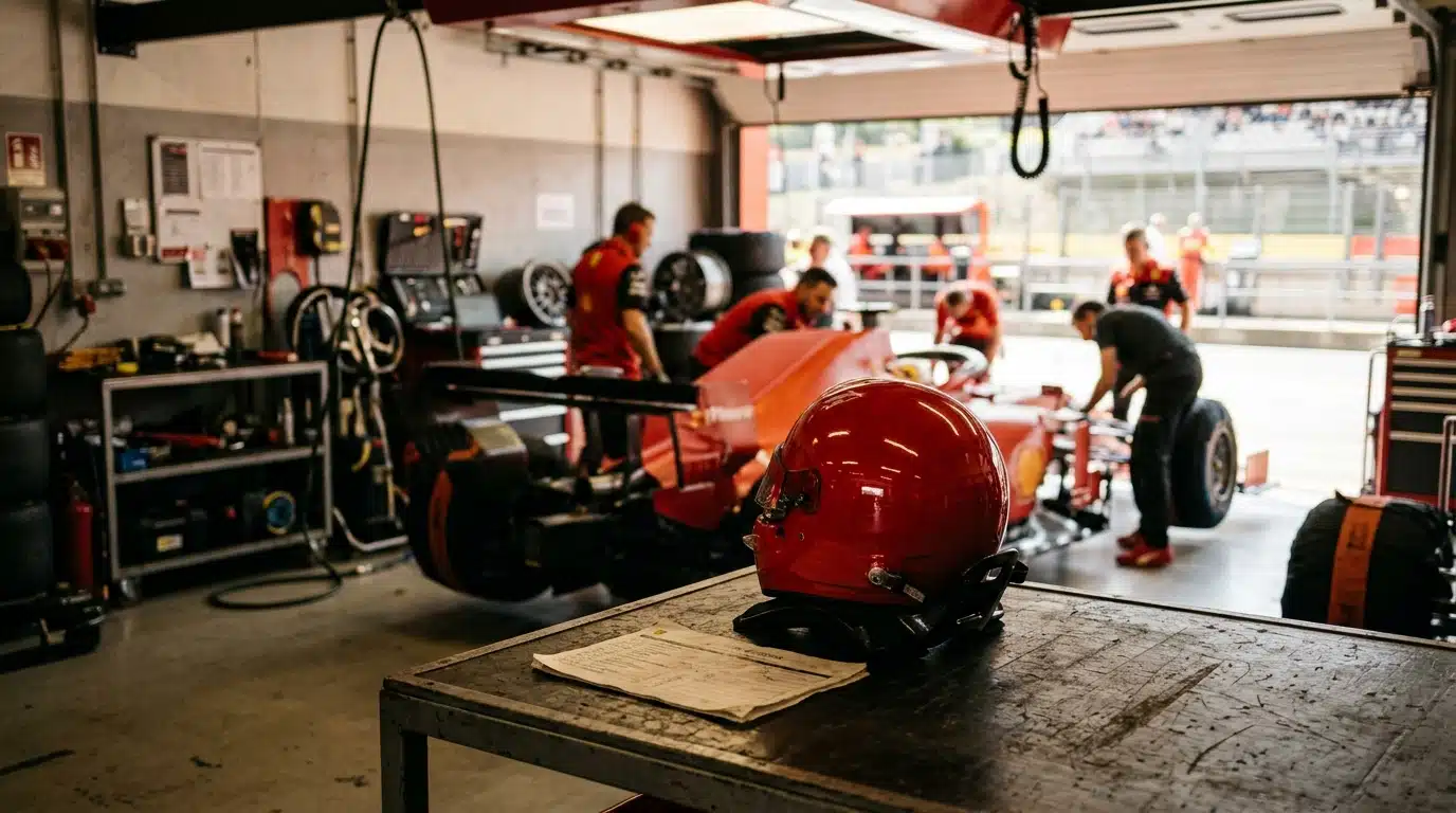 Casque de course posé dans un garage de circuit