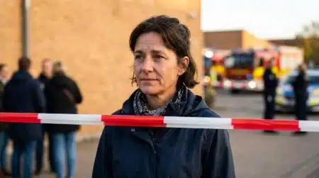 Parent inquiet derrière un ruban rouge et blanc devant une école