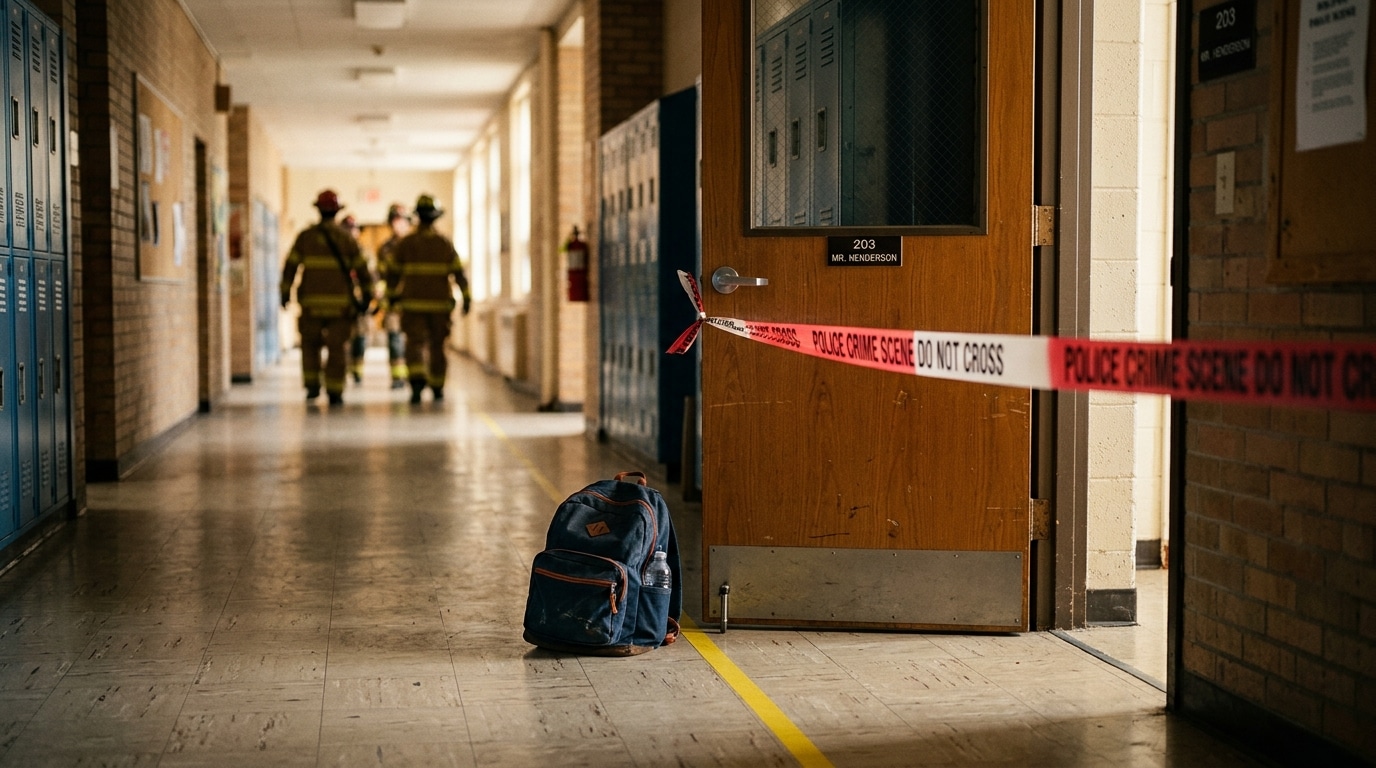 Couloir de collège vide avec ruban de police et sac abandonné