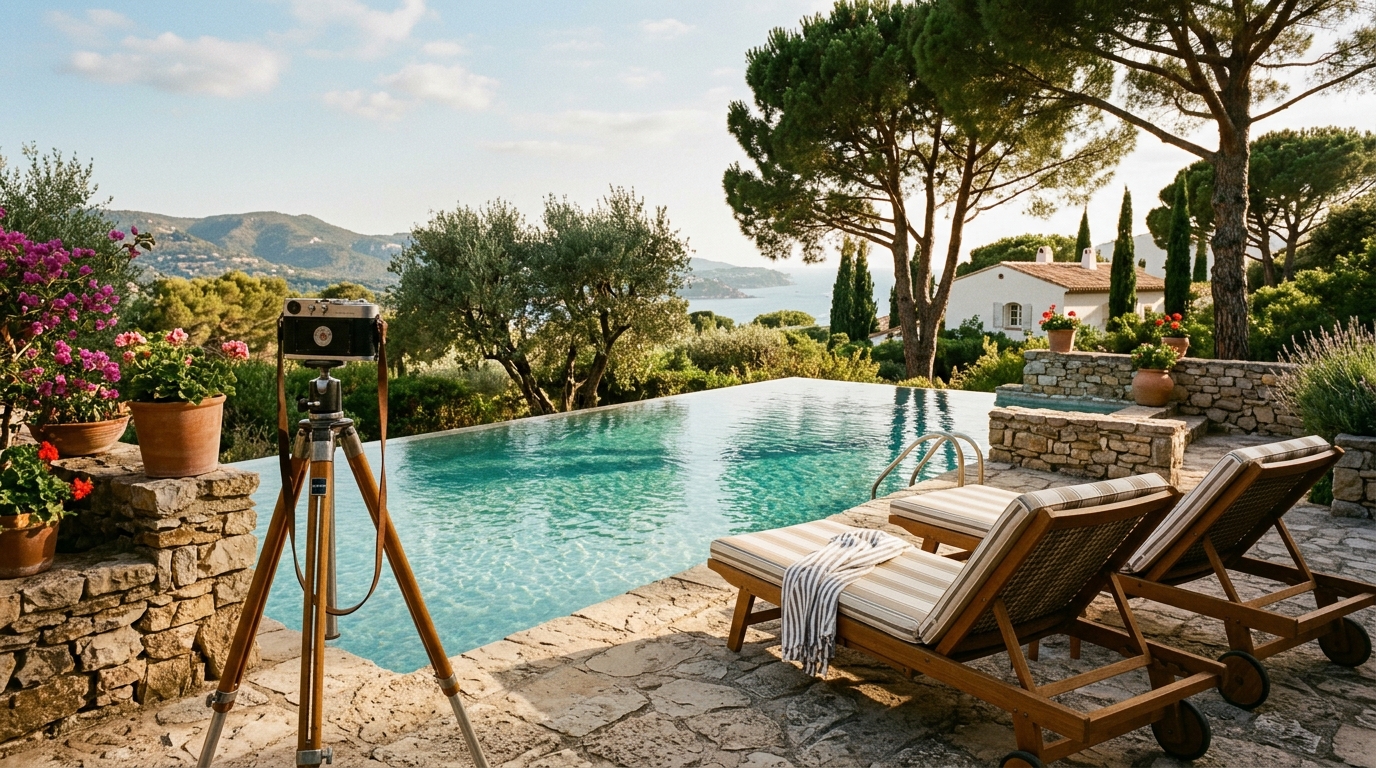 Piscine de villa ensoleillée avec caméra vintage sur trépied