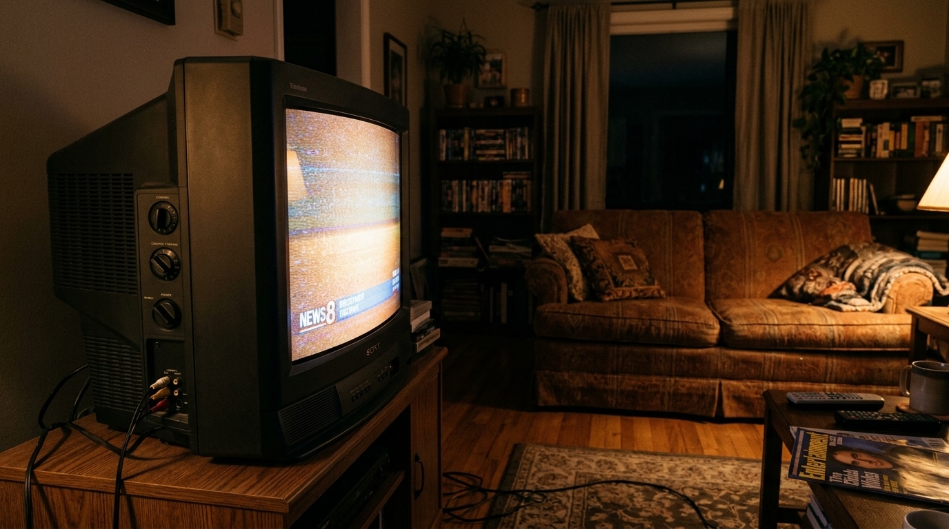 Vieux téléviseur allumé dans un salon à l'ambiance nostalgique des années 2000