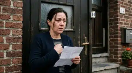Femme au regard stupéfait devant la porte de sa maison