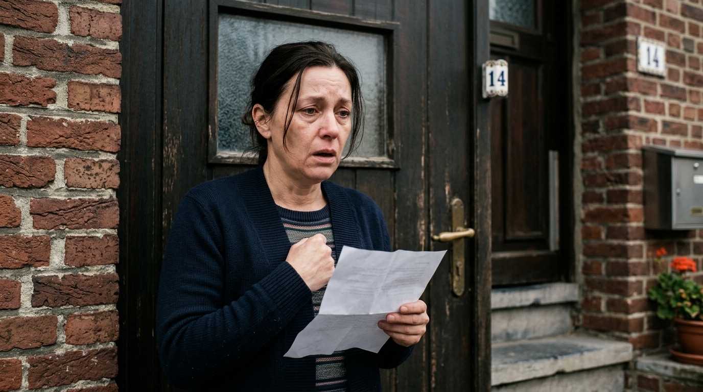 Femme au regard stupéfait devant la porte de sa maison