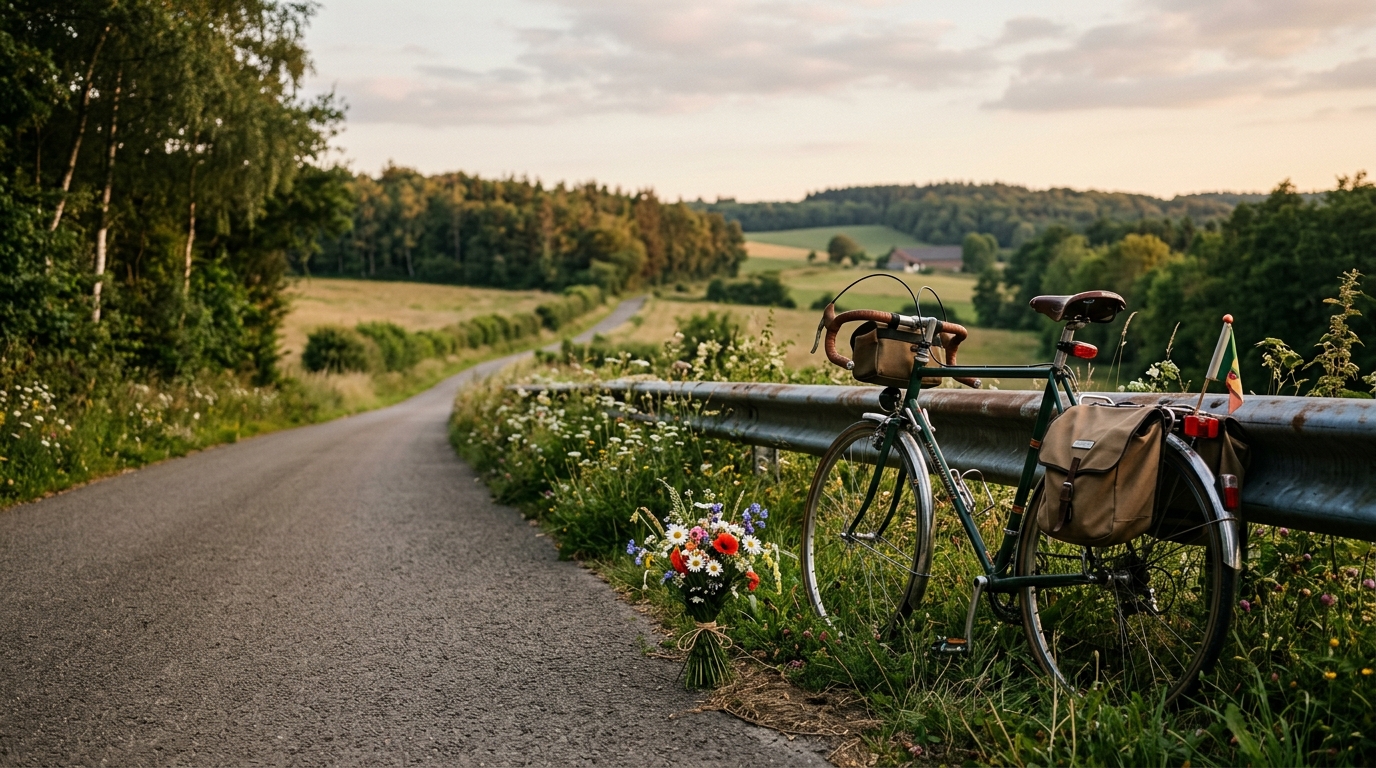 Vélo appuyé contre une glissière avec des fleurs au bord de la route