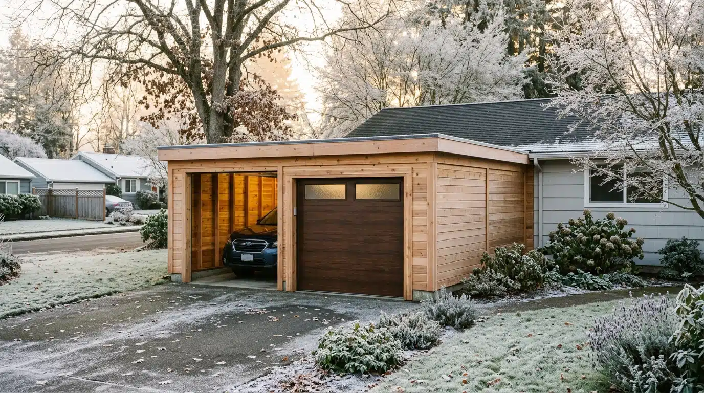 Carport fermé de panneaux en bois avec voiture à l'intérieur