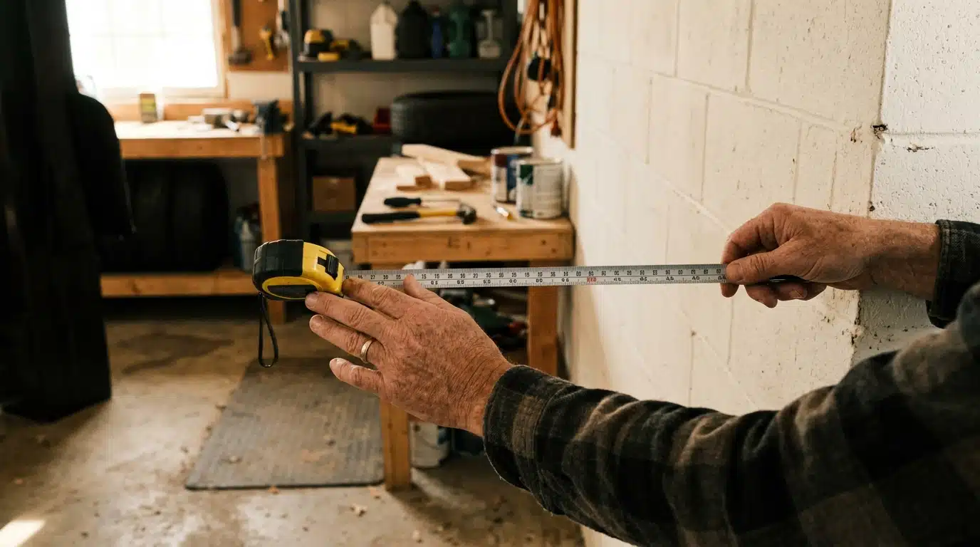 Mains mesurant au mètre ruban un mur de garage
