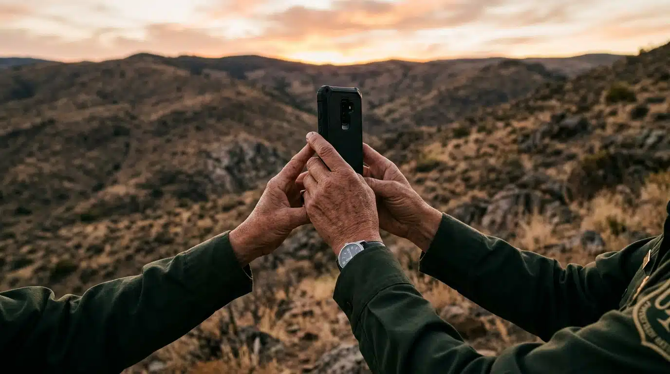 Mains d'un garde tenant un téléphone face à une colline sèche