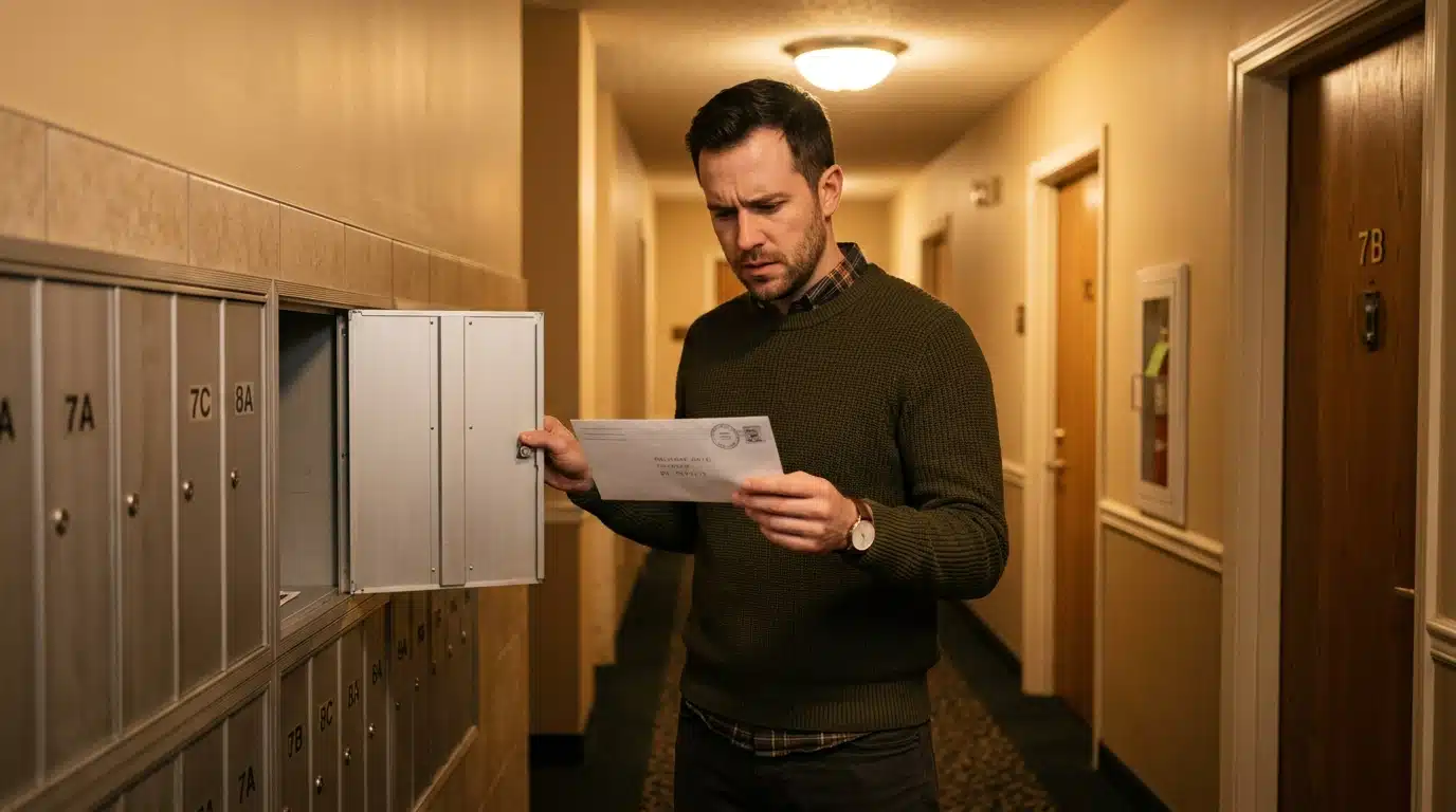 Locataire inquiet ouvrant un courrier recommandé dans sa boîte aux lettres