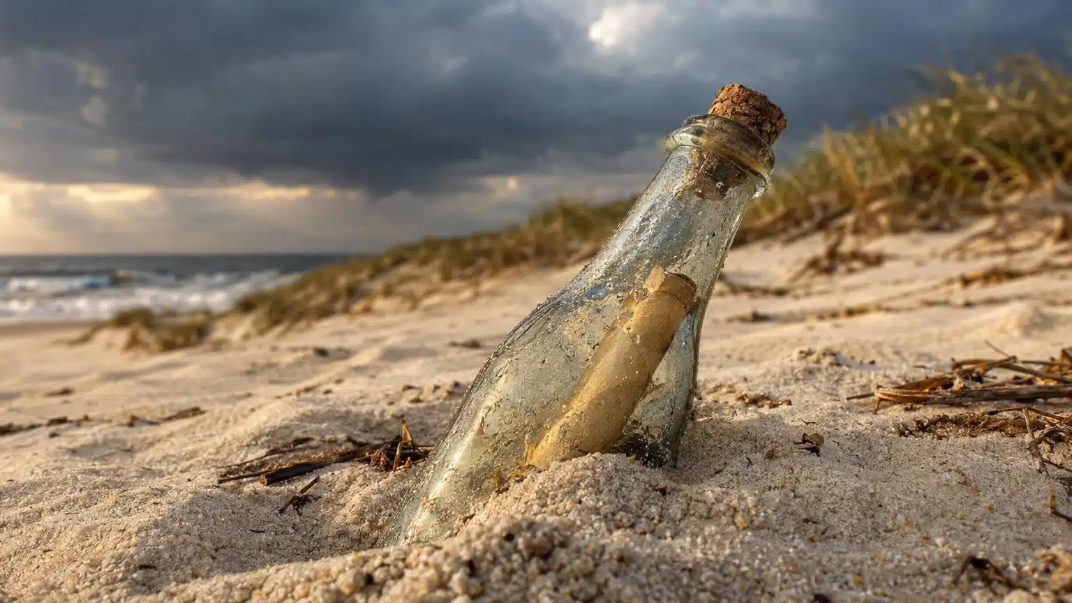 Vieille bouteille en verre bouchonnée enfouie dans le sable