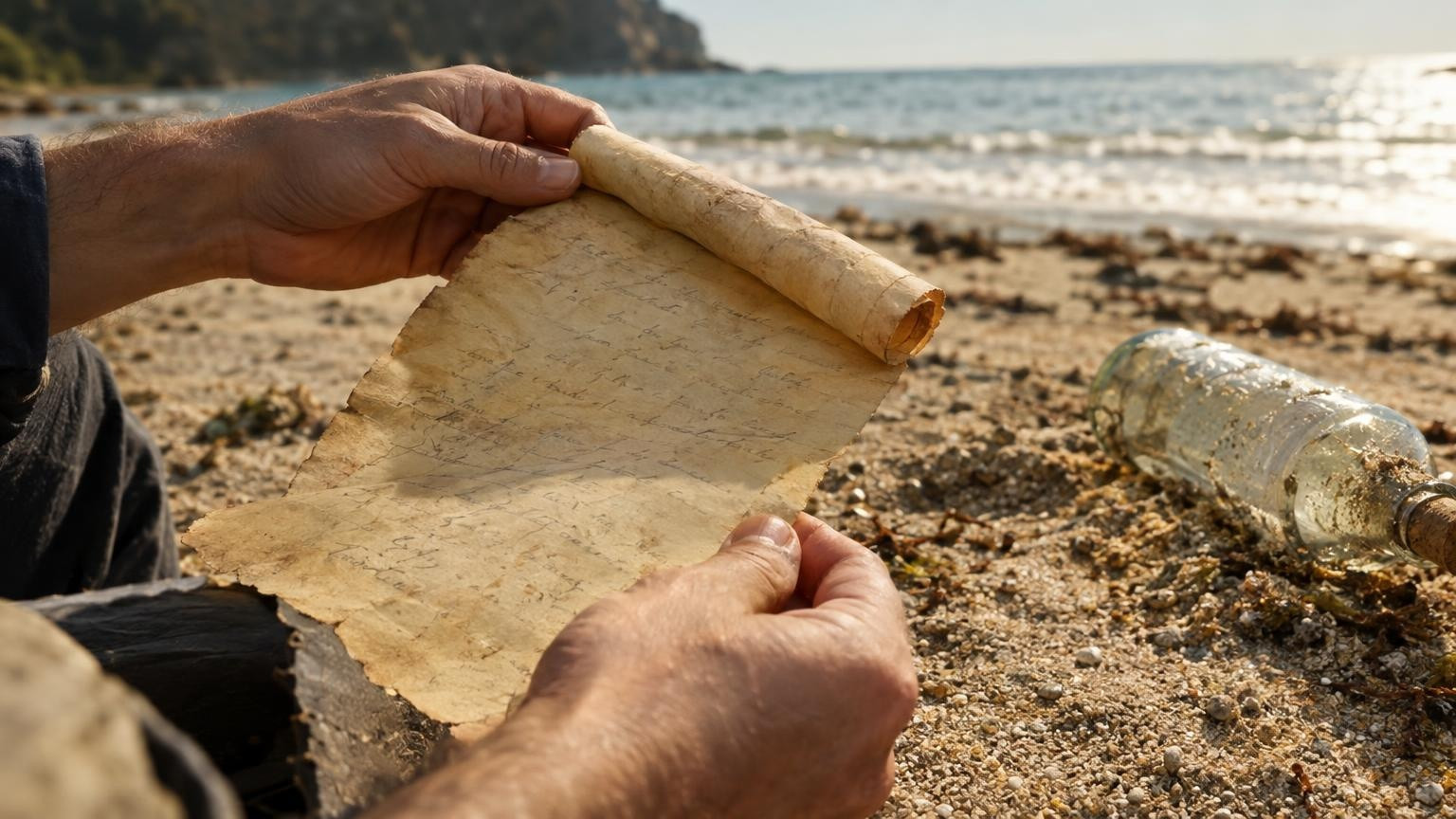Mains déroulant une lettre ancienne jaunie sur une plage