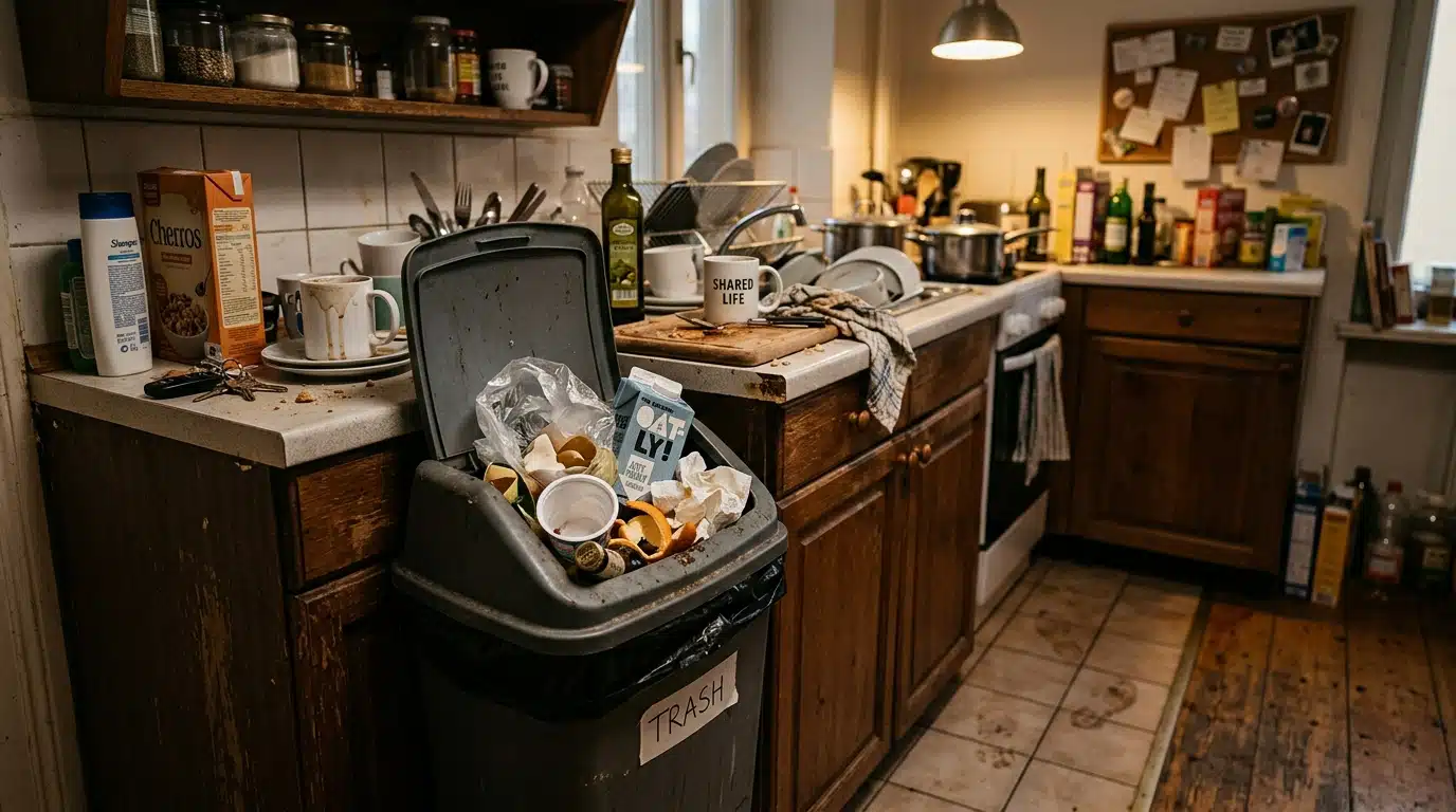 Poubelle de cuisine entrouverte dans un appartement en coloc