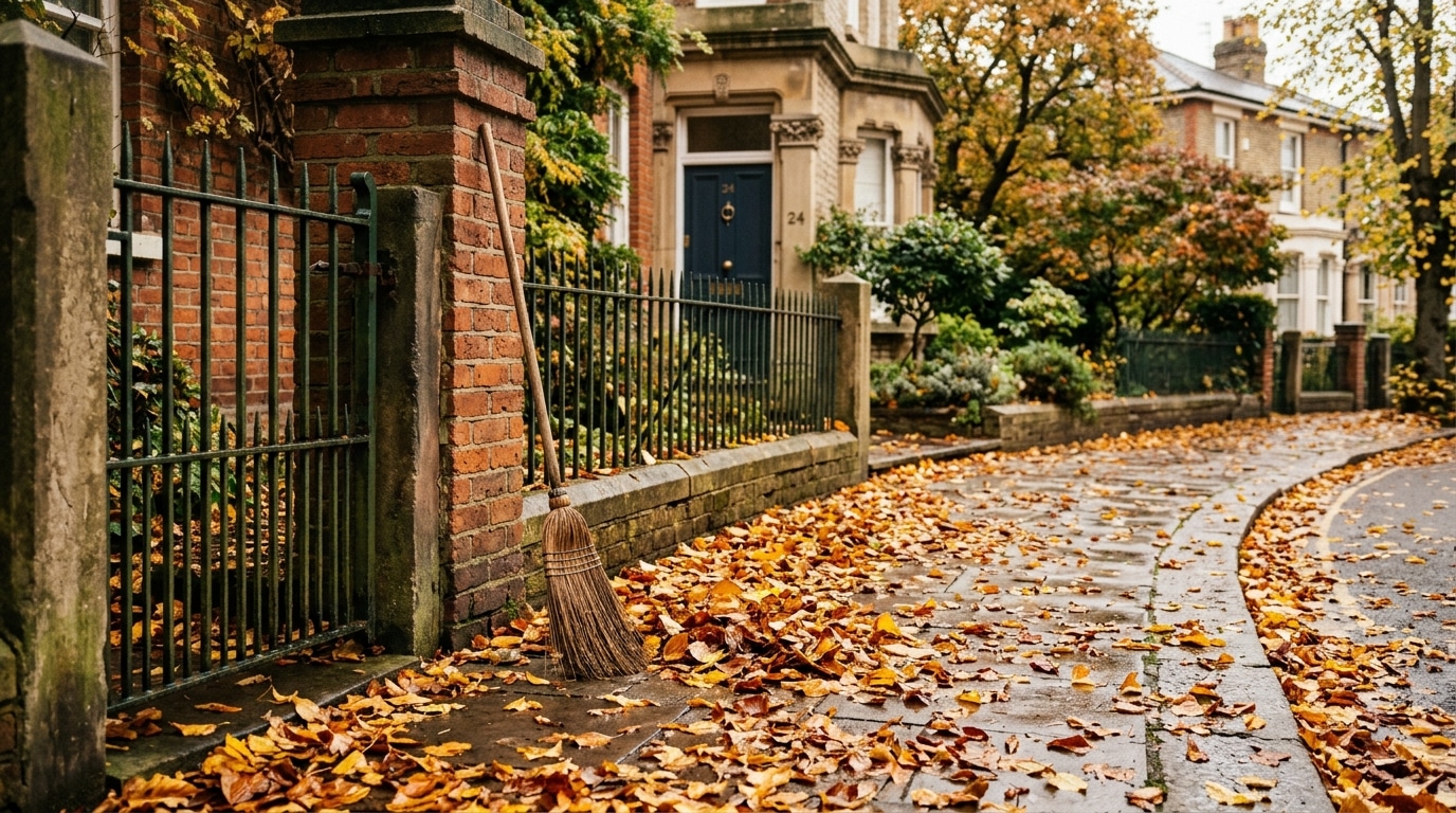Trottoir couvert de feuilles dorées humides devant un portail