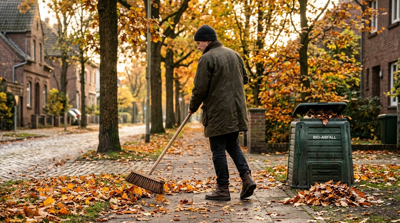 Personne balayant les feuilles mortes d'un trottoir avec un balai