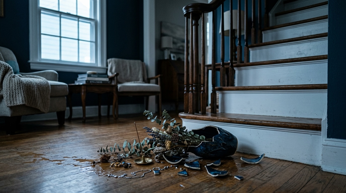 Vase brisé et objets éparpillés dans un salon au pied d'un escalier