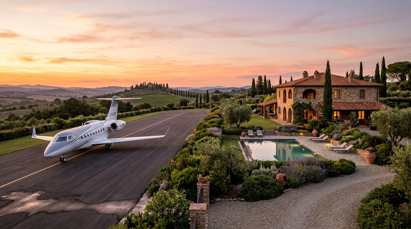Jet privé sur piste près d'une villa italienne avec piscine