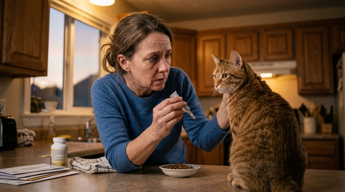 Propriétaire inquiet tenant une pipette près de son chat