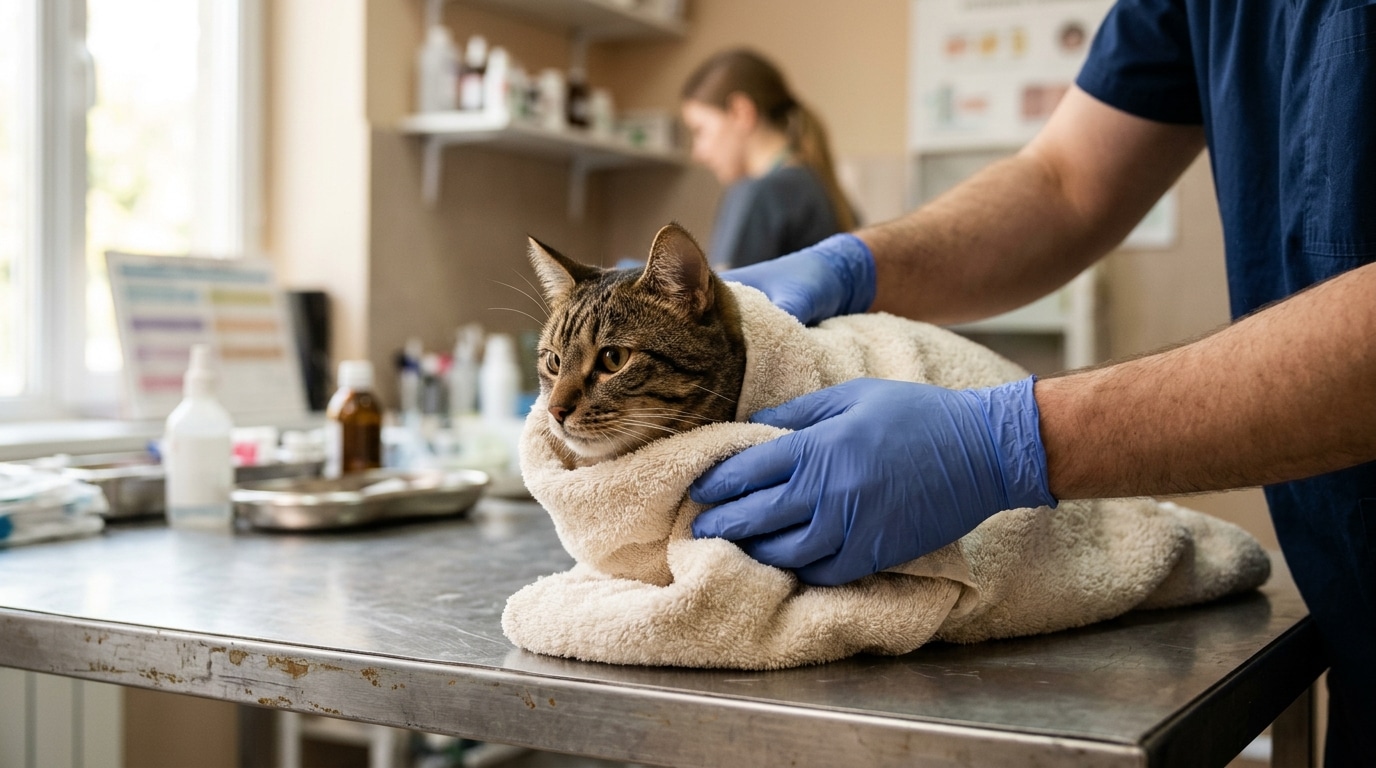 Mains gantées d'un vétérinaire enveloppant un chat dans une serviette