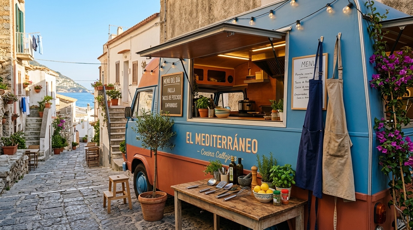 Food truck sur une rue ensoleillée du sud avec deux tabliers de cheffes et des ustensiles de cuisine