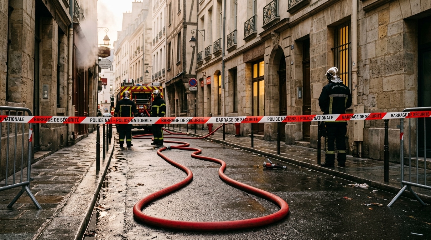 Rue du Marais bouclée, lance d'incendie sur le sol mouillé