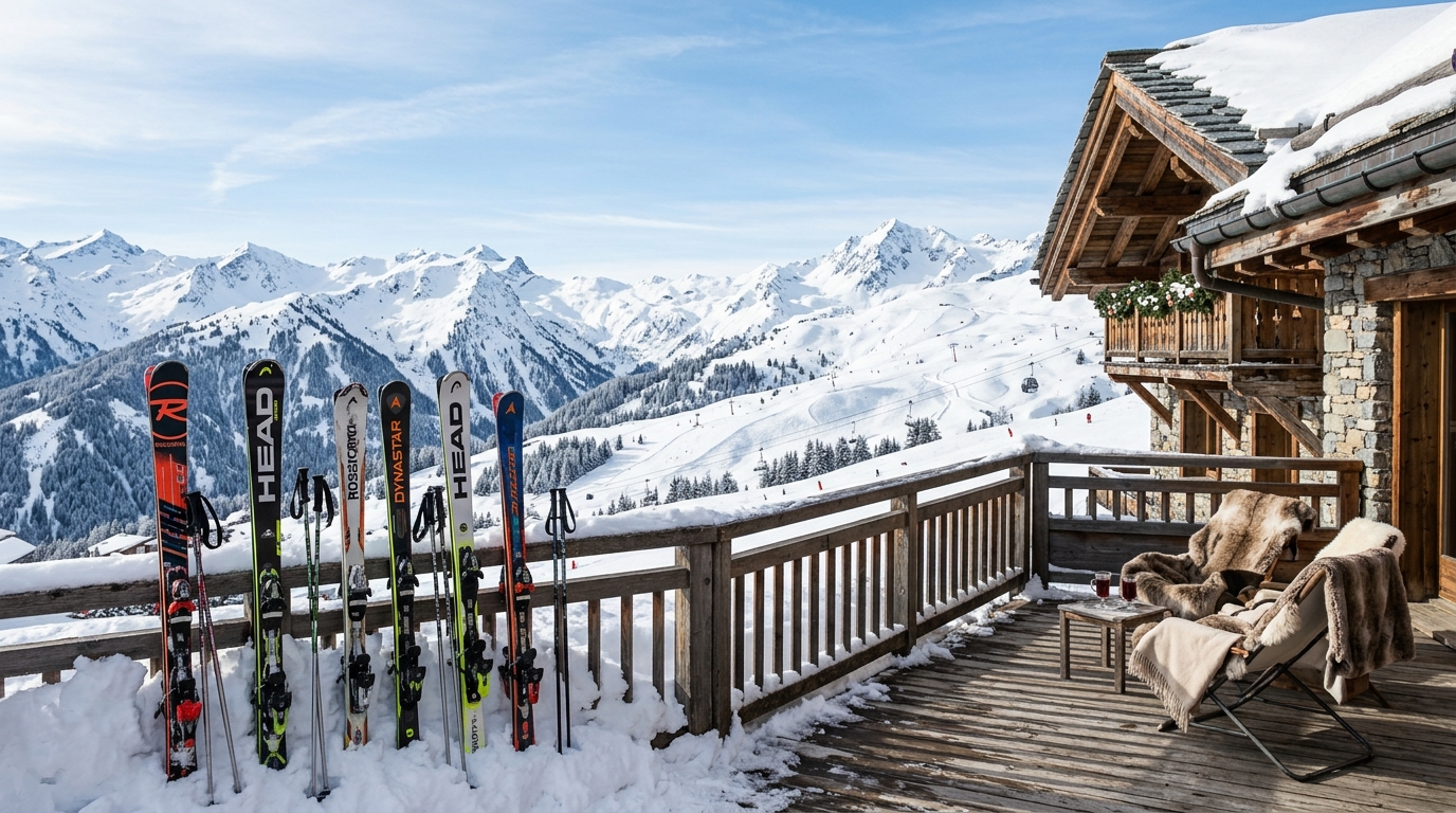 Skis plantés dans la neige devant un chalet de montagne à Courchevel