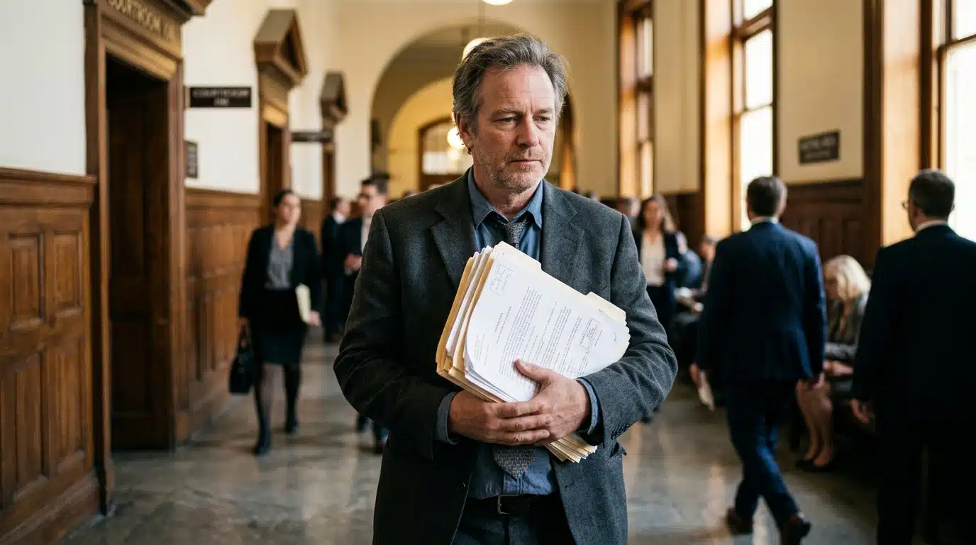 Homme fatigué tenant des documents judiciaires dans un couloir de tribunal