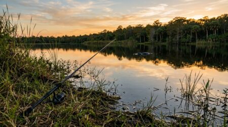 Canne à pêche posée sur la rive d'un lac de Floride