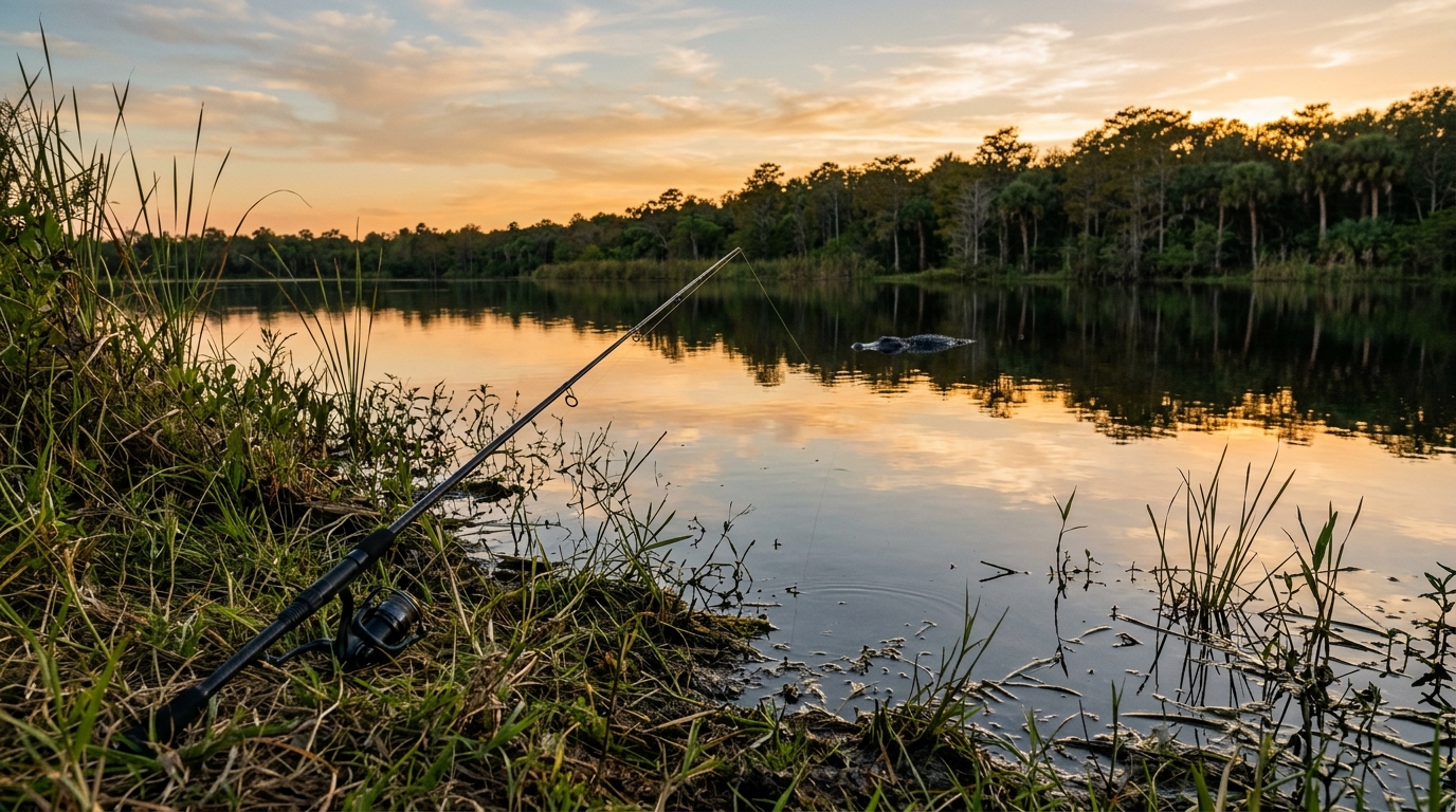Canne à pêche posée sur la rive d'un lac de Floride