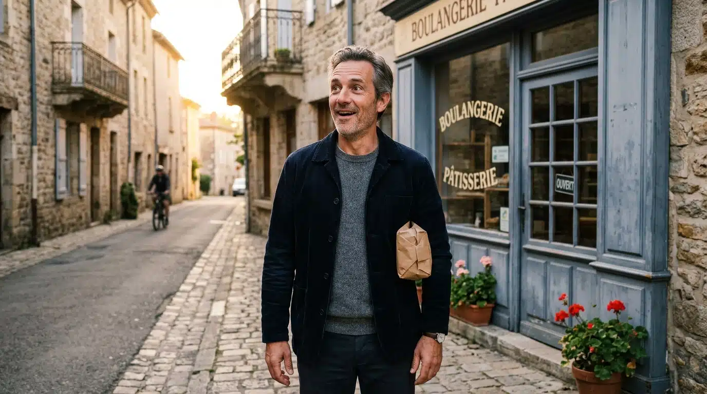 Homme stupéfait devant un commerce, colis sous le bras