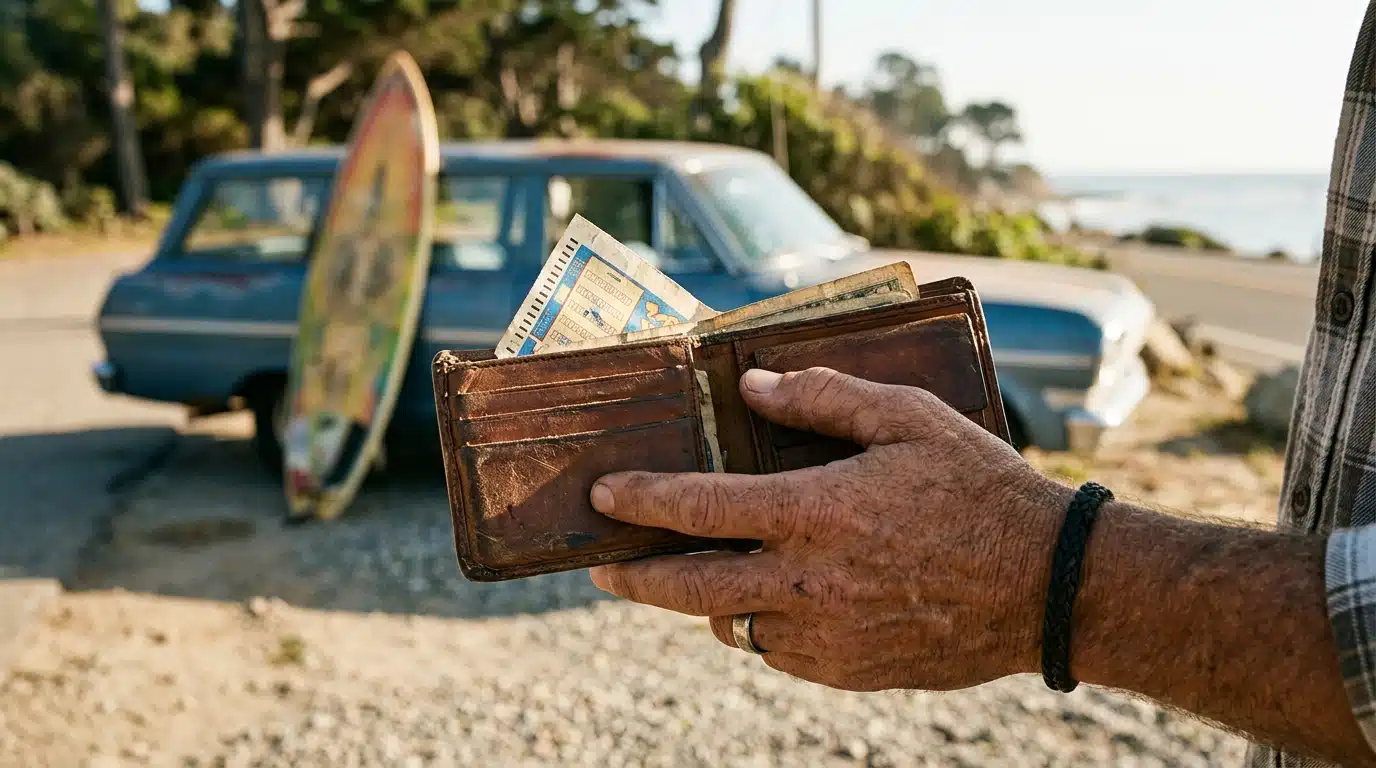 Portefeuille entrouvert avec ticket plié, planche de surf floue