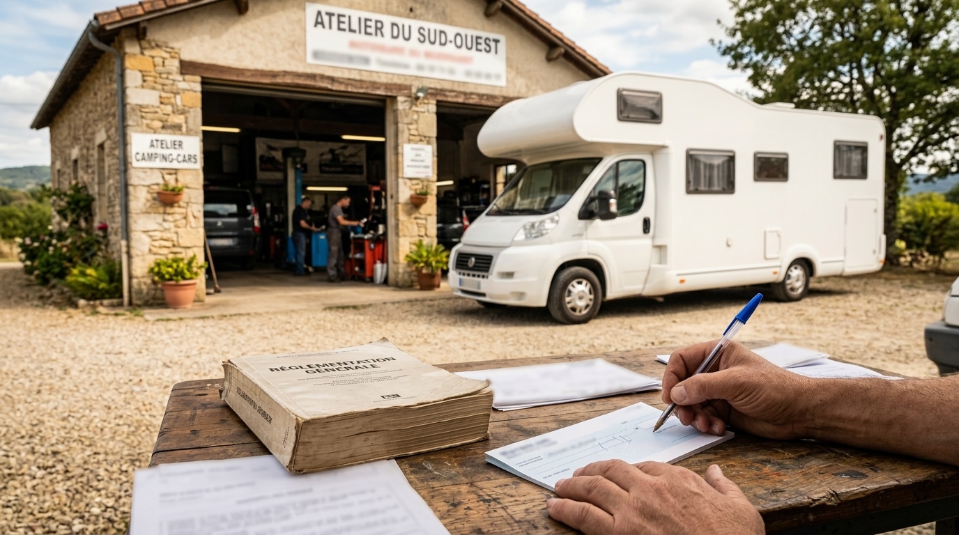 Camping-car blanc devant un garage et chèque en main