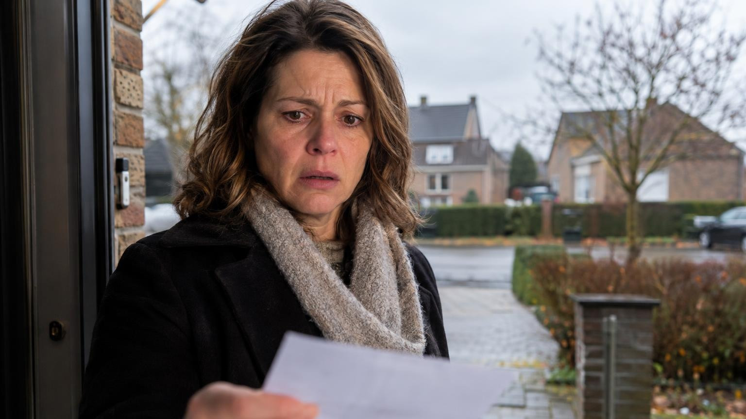 Femme sidérée tenant un papier devant sa porte