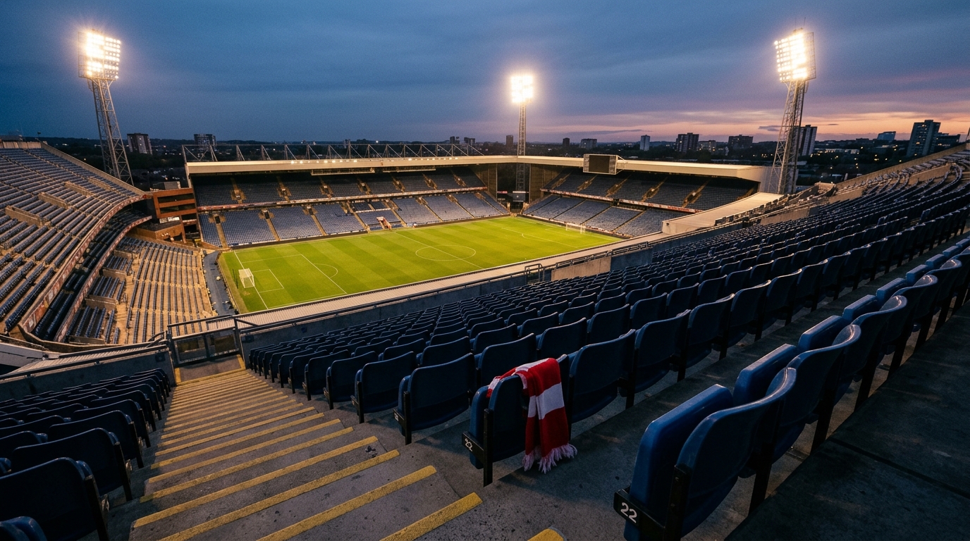 Gradins vides d'un stade au crépuscule, écharpe oubliée