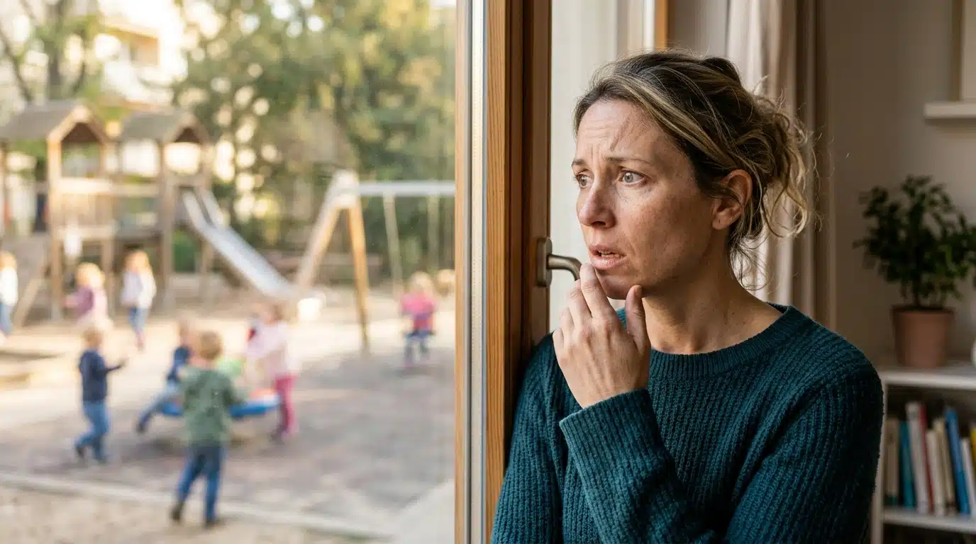 Femme inquiète devant une fenêtre donnant sur une aire de jeux