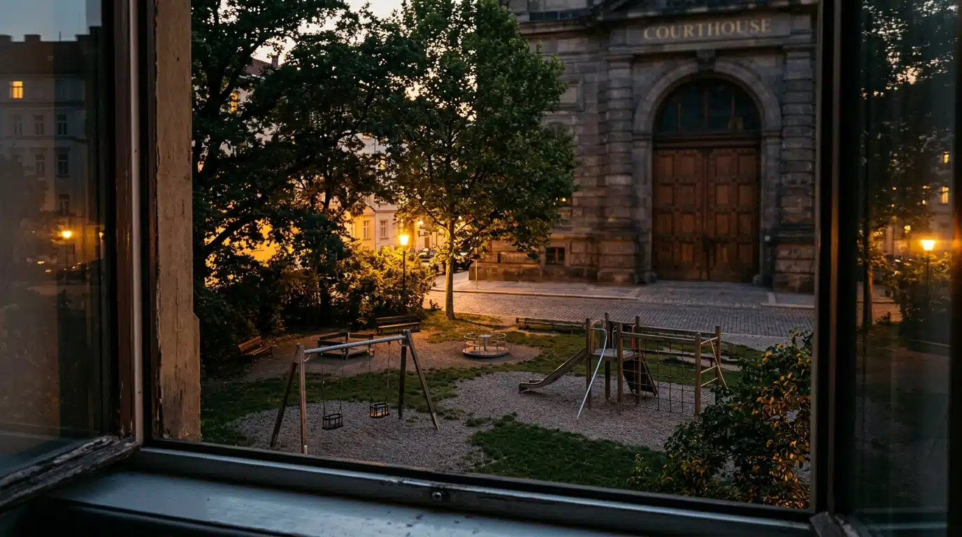 Aire de jeux vide vue depuis une fenêtre au crépuscule