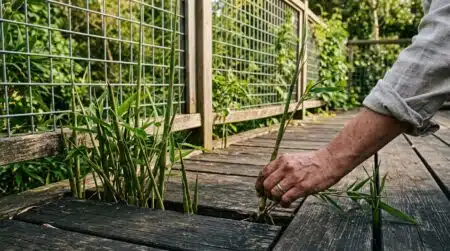 Pousse de bambou arrachée à la main sur une terrasse