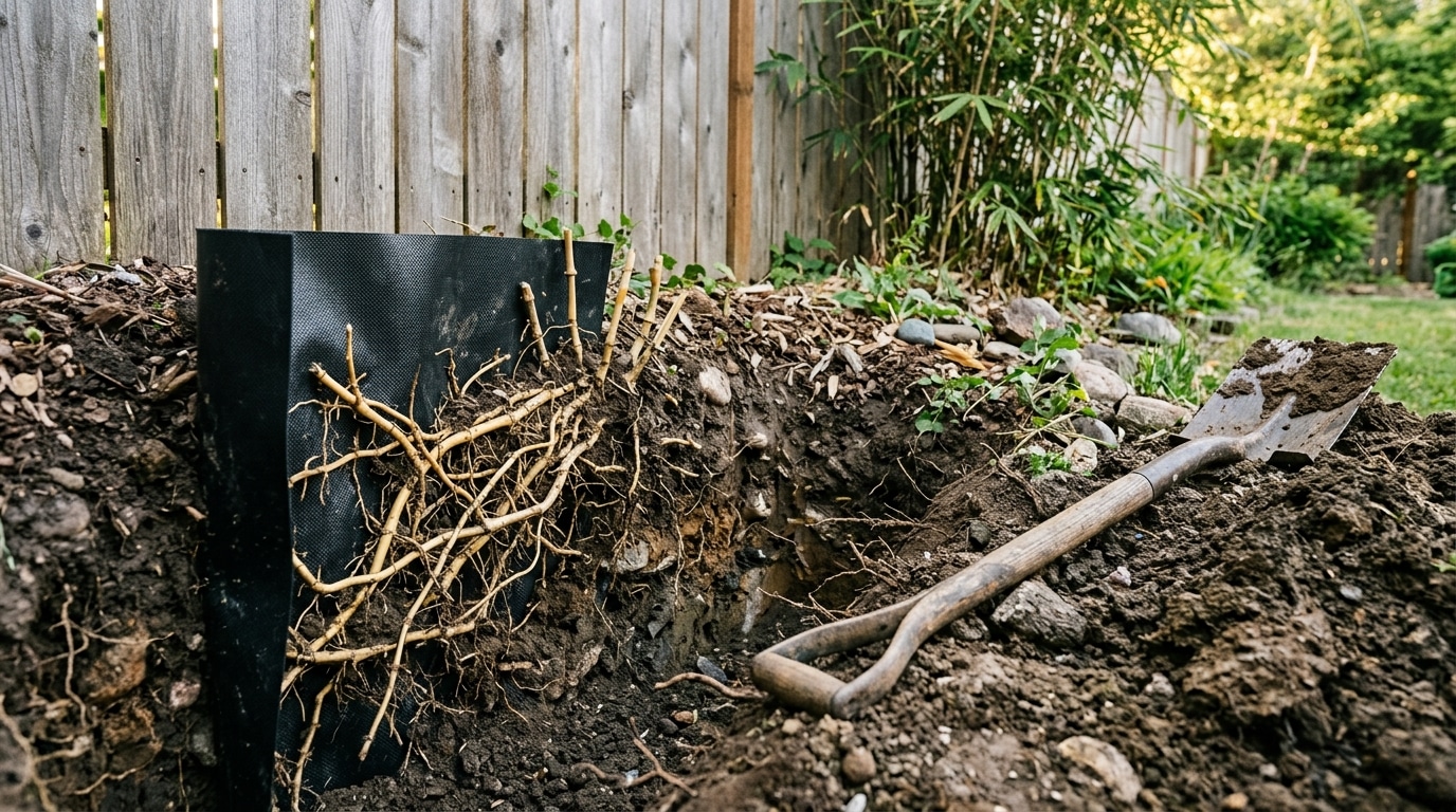 Tranchée avec barrière anti-rhizomes enterrée le long d'une clôture