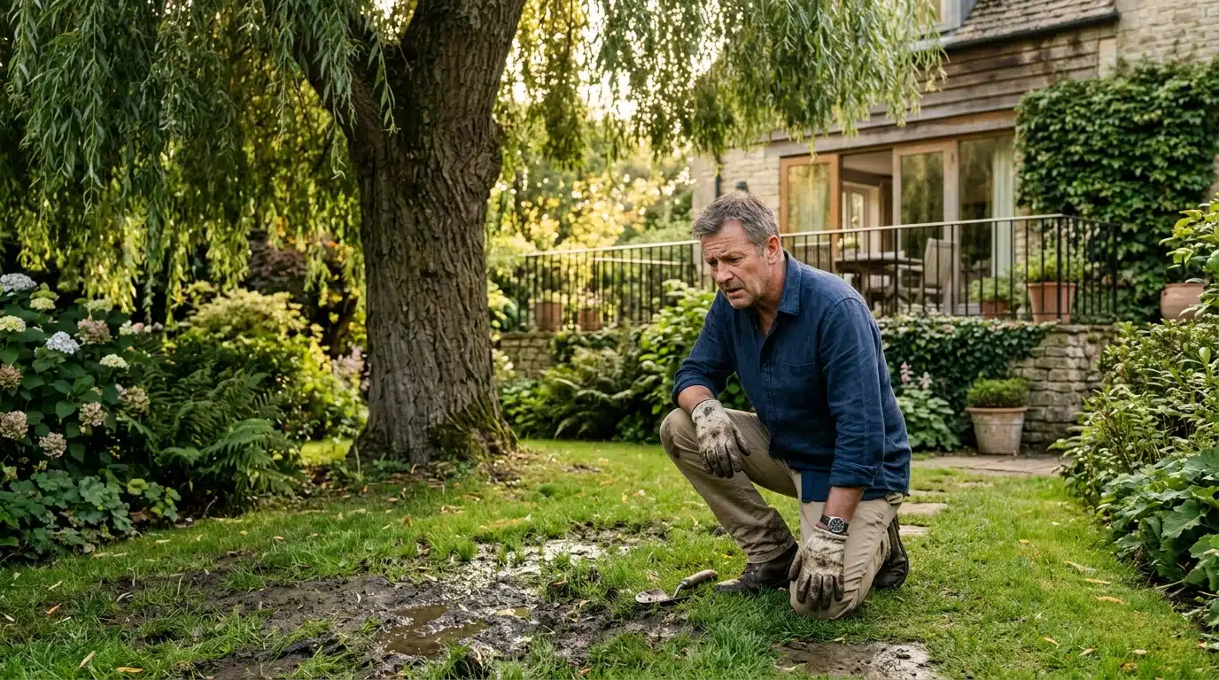 Homme inquiet devant un saule pleureur près de la maison