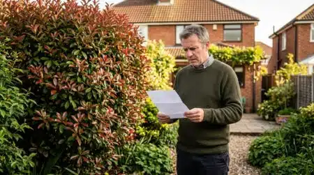 Homme inquiet devant sa haie de photinias avec un courrier