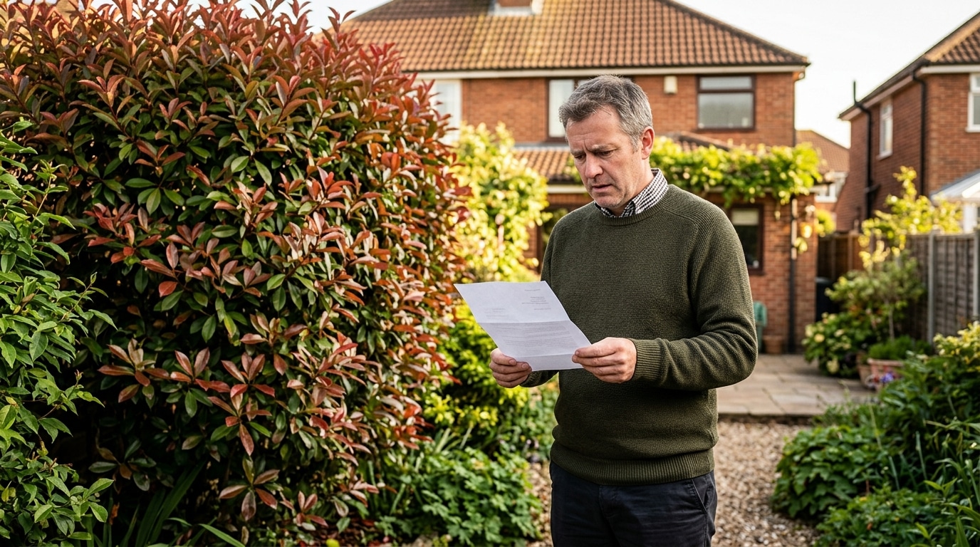 Homme inquiet devant sa haie de photinias avec un courrier