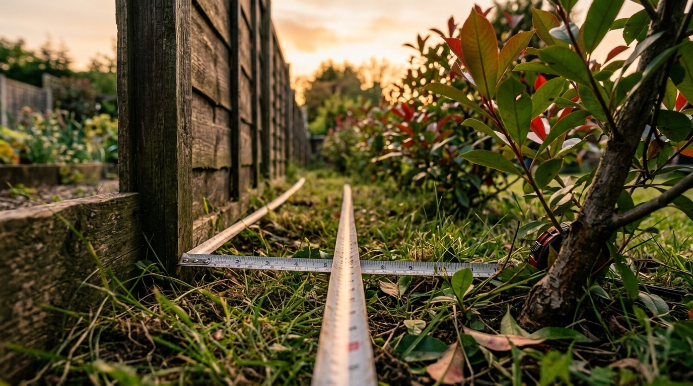 Mètre ruban mesurant la distance entre une haie et la limite du jardin