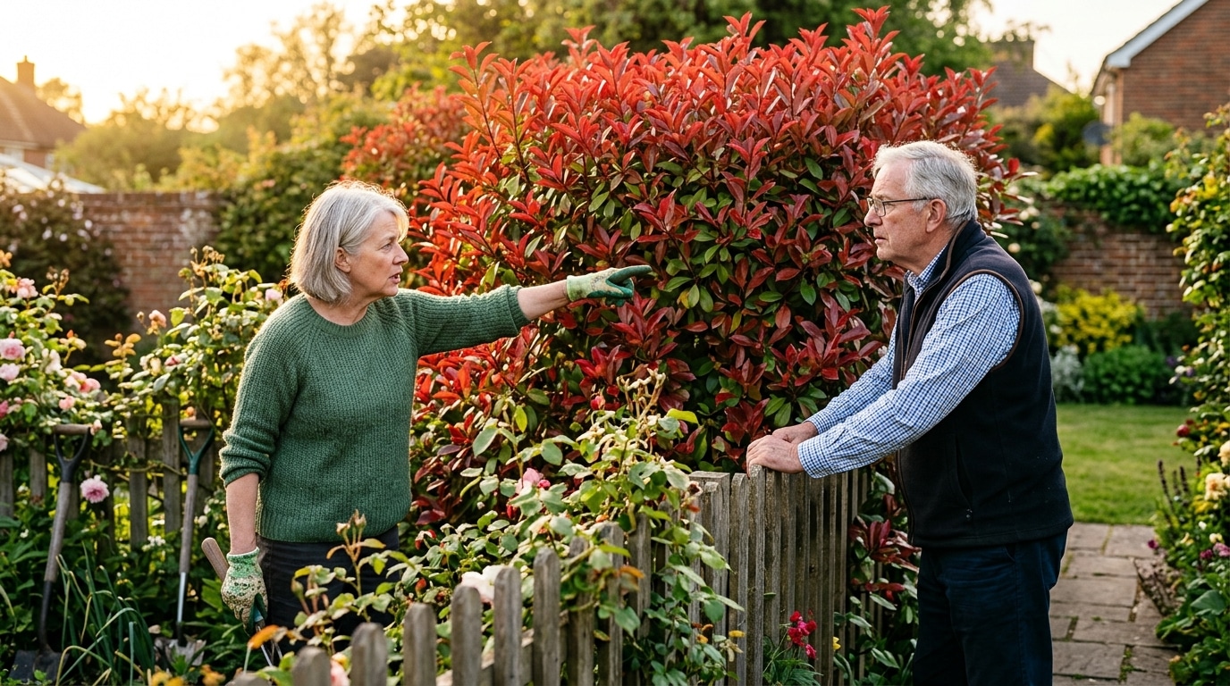 Deux voisins discutant de part et d'autre d'une haie de photinias