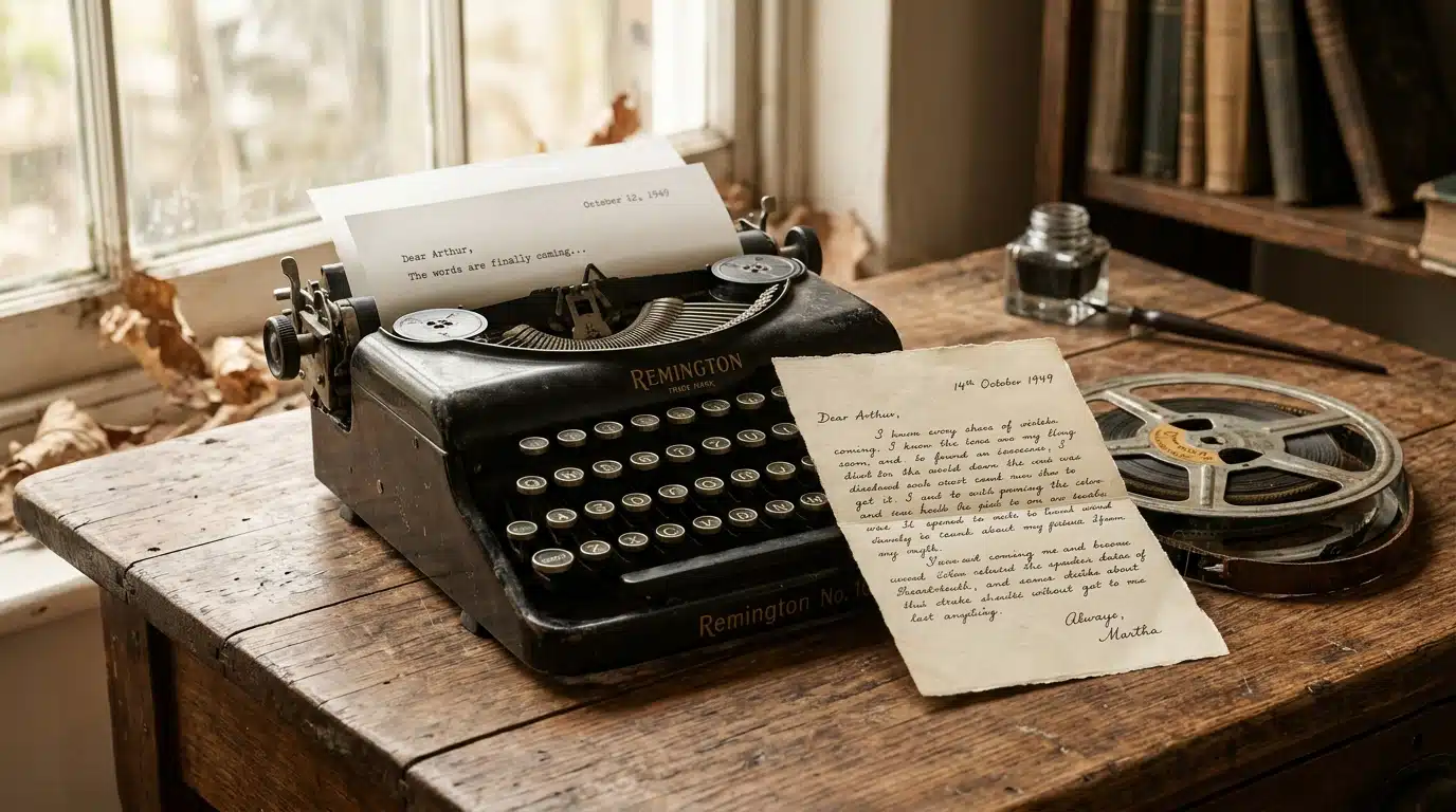 Machine à écrire, lettre et bobine de film sur un bureau