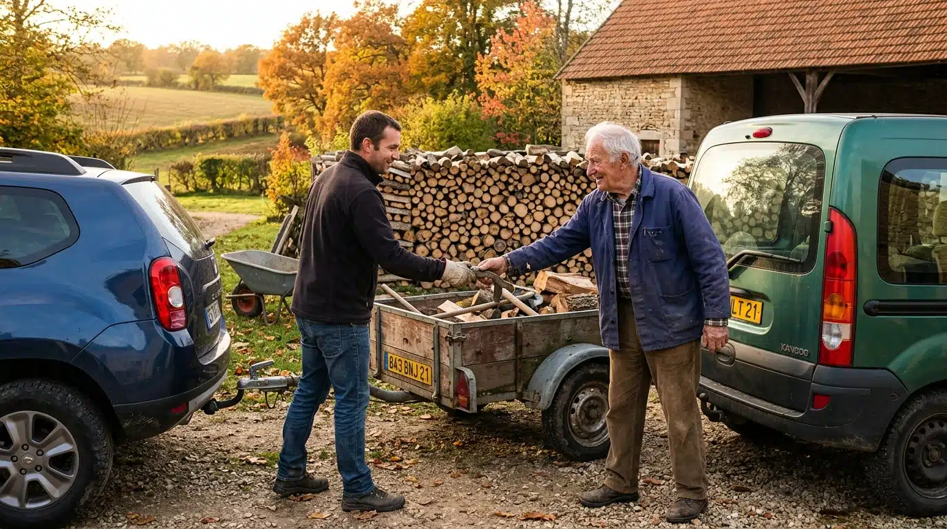 Un voisin prête sa remorque dans une cour de campagne