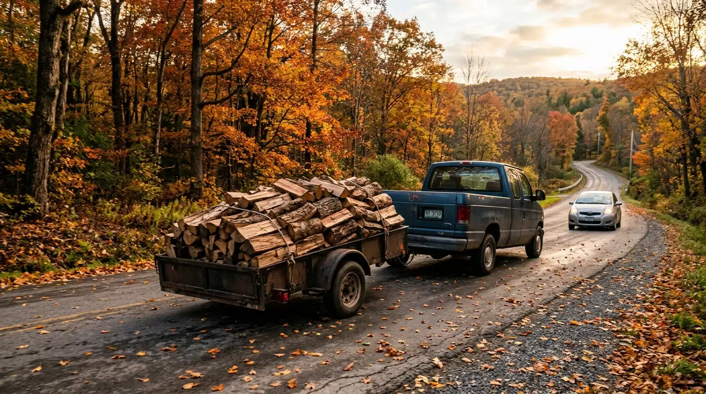 Remorque chargée de bûches qui se déporte sur une route