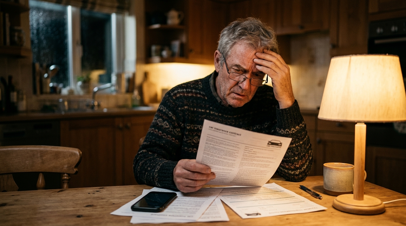 Homme inquiet lisant son contrat d'assurance auto
